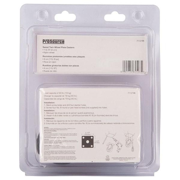 Prosource Caster, 1-5/8 in Dia Wheel, 1-5/8 in W Wheel, Nylon Wheel, Black, 40 lb, Steel Housing Material JC-F01-PS - main