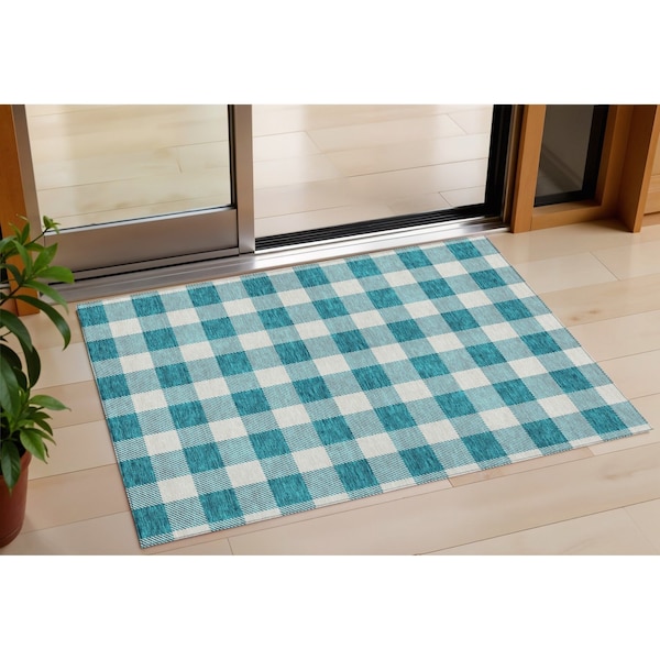 Homeroots 3' X 5' Teal Blue And Gray Plaid Washable Indoor Outdoor Area Rug 595439 - main