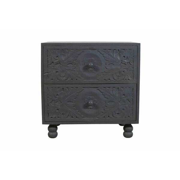 Homeroots 24" Gray Solid Wood Distressed Carved Scrollwork Two Drawer Nightstand 555406 - main
