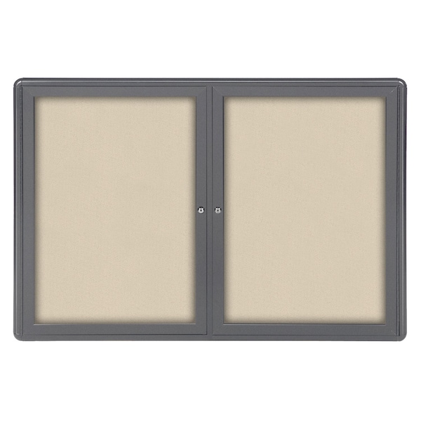 Ghent Ovation 2 Door Enclosed Fabric Bulletin Board, Gray Frame, 3'H x 4'W, Beige OVG2-F90 - main