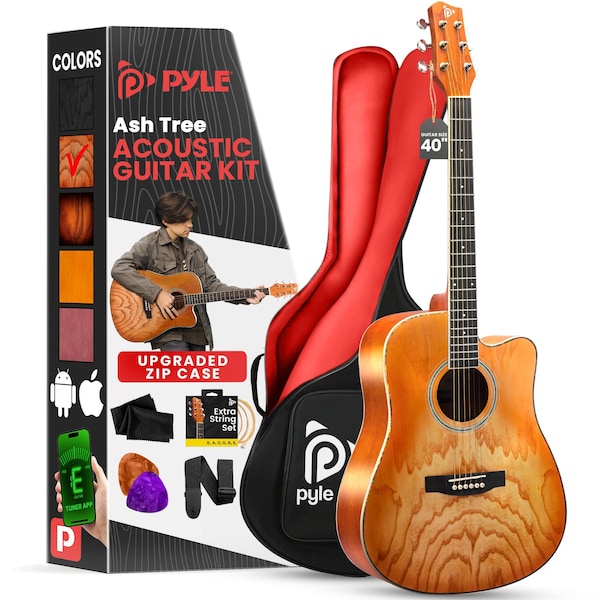 Pyle Steel String Acoustic Guitar Kit, 41 in Full Size Cutaway with Ashtree Top, Open Pore Finish PGA480CBS - main