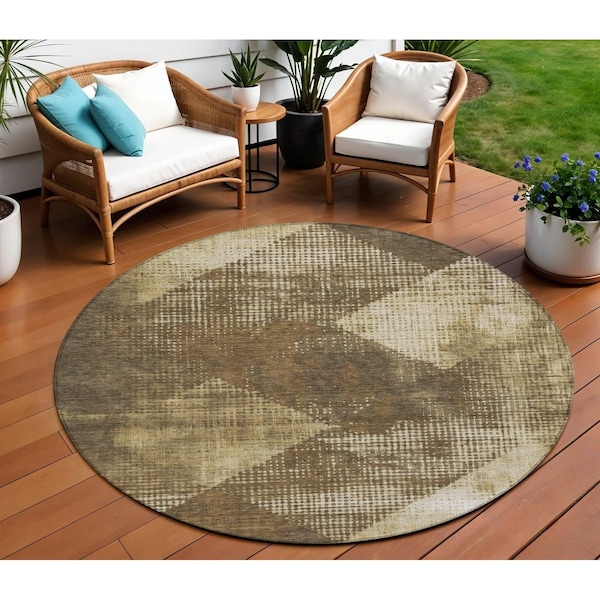 Homeroots 8' Brown And Beige Round Geometric Washable Indoor Outdoor Area Rug 602829 - main