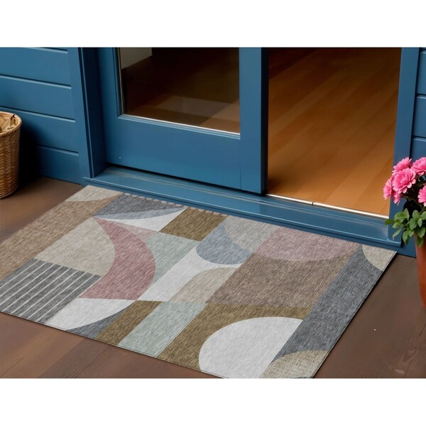 Homeroots 3' X 5' Brown Ivory And Mauve Geometric Washable Indoor Outdoor Area Rug 616730 - main