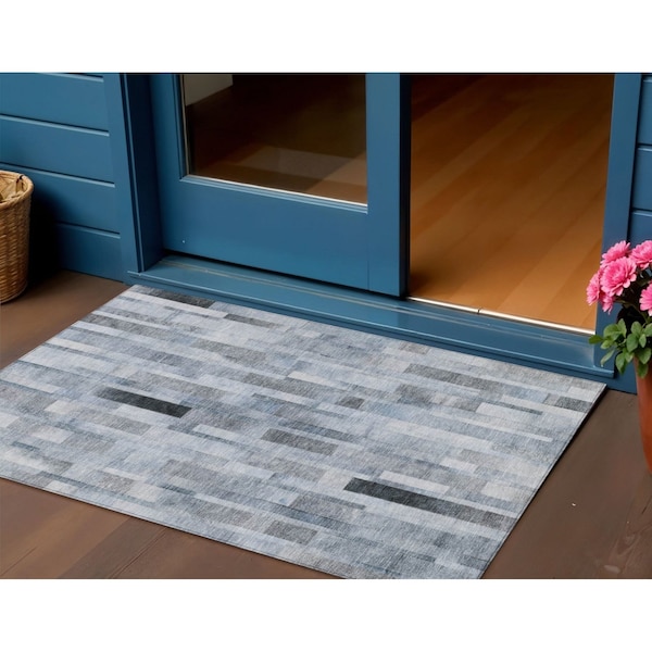 Homeroots 3' X 5' Blue And Gray Striped Washable Indoor Outdoor Area Rug 615512 - main