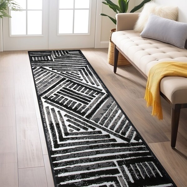 World Rug Gallery Contemporary Stripe Design Runner Rug 2 ft x 7 ft Black 3018BLACK2X7 - main