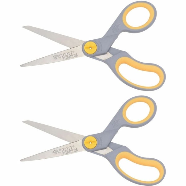 Westcott Titanium Bonded Scissors, 8" Long, 3.5" Cut Length, Straight Gray/Yellow Handle, PK2 13901 - main