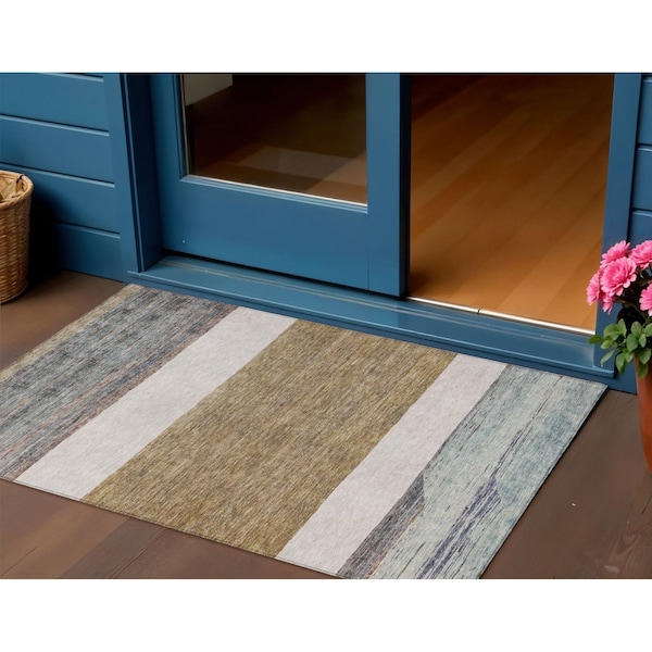 Homeroots 3' X 5' Brown Ivory And Blue Abstract Washable Indoor Outdoor Area Rug 615272 - main