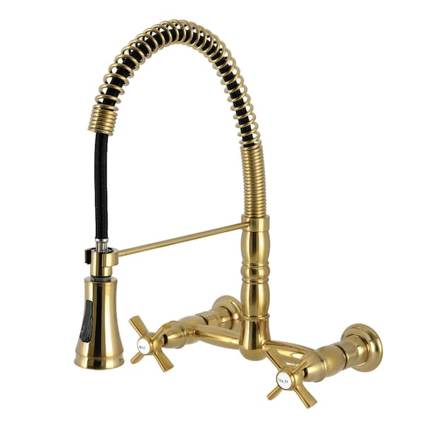 Kingston Brass Double-Handle Wall-Mount Pre-Rinse Bridge Kitchen Faucet, Brushed Brass GS1247ZX - main