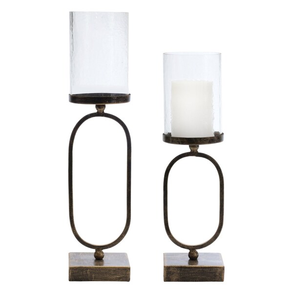 Homeroots Set of Two Antiqued Bronze Geometric Glass And Metal Tabletop Hurricane Candle Holders, 2PK 634838 - main