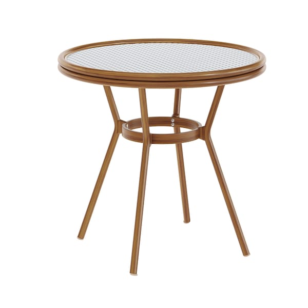 Flash Furniture Lourdes French Bistro 31.5in. Tbl, White and Navy PE Rattan, Glass Top, Bamboo Print Aluminum Frame SDA-AD641012-80-WHNVY-NAT-GG - main