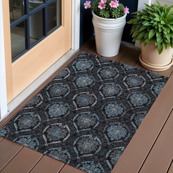 Homeroots 3' X 5' Blue Charcoal And Gray Medallion Washable Indoor Outdoor Area Rug 587698 - main