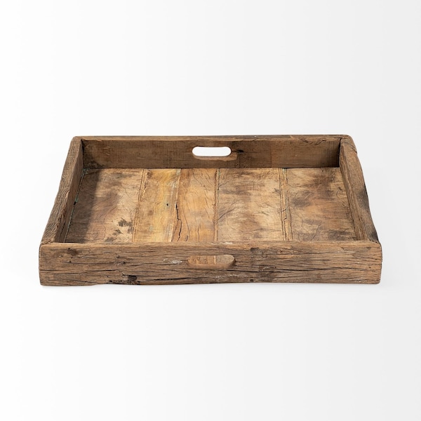 Homeroots 24in Brown Square Reclaimed Wood Tray With Handles 376050 - main