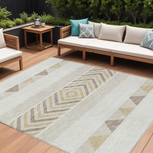 Homeroots 8' X 10' Ivory Beige And Taupe Southwestern Washable Indoor Outdoor Area Rug 613918 - main