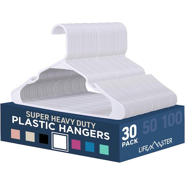 Lifemaster White Plastic Hangers, Lightweight, Durable, Non-Slip, Space-Saving, 30PK LMPLCWH30 - main