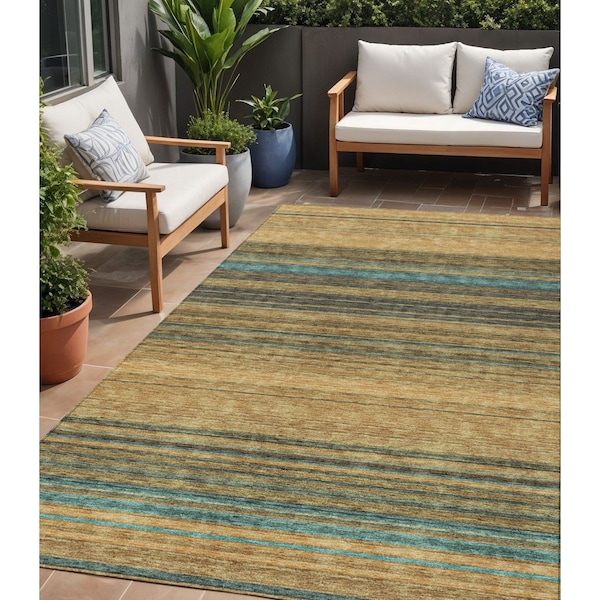 Homeroots 5' X 8' Wheat Brown And Teal Blue Striped Washable Indoor Outdoor Area Rug 614852 - main