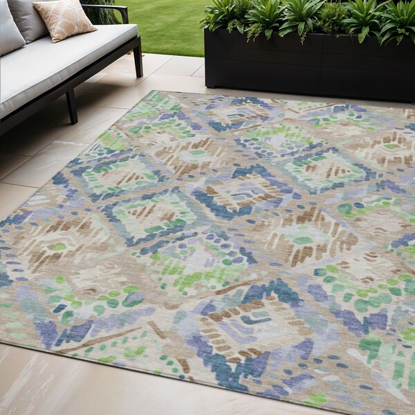 Homeroots 5' X 8' Beige Blue And Green Geometric Washable Indoor Outdoor Area Rug 609119 - main