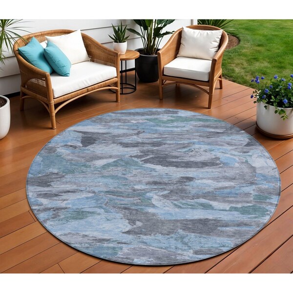 Homeroots 8' Denim Blue And Blue Round Abstract Washable Indoor Outdoor Area Rug 609240 - main