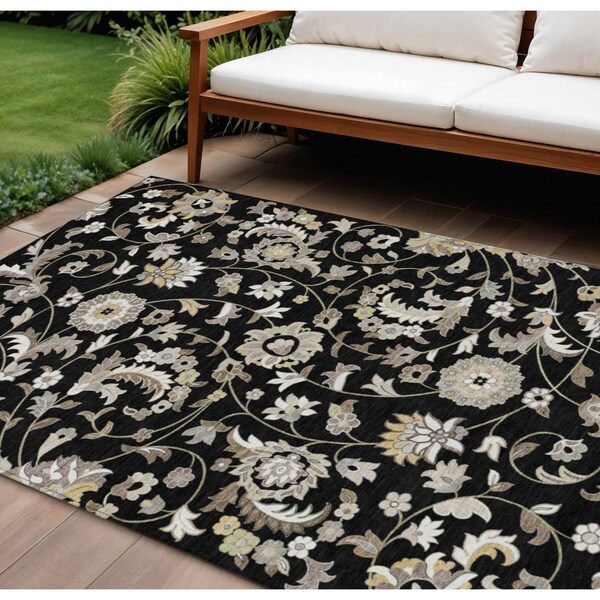 Homeroots 9' X 12' Black Beige And Ivory Floral Washable Indoor Outdoor Area Rug 597804 - main