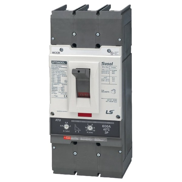 Ls Electric UTS600H Series 3 Pole MCCB. 600A Frame. 600A Trip Amperage. FMU - Fixed Magnetic / Adjust 02130040UL - main