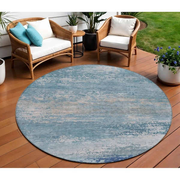 Homeroots 8' Sky Blue And Gray Round Abstract Washable Indoor Outdoor Area Rug 630851 - main
