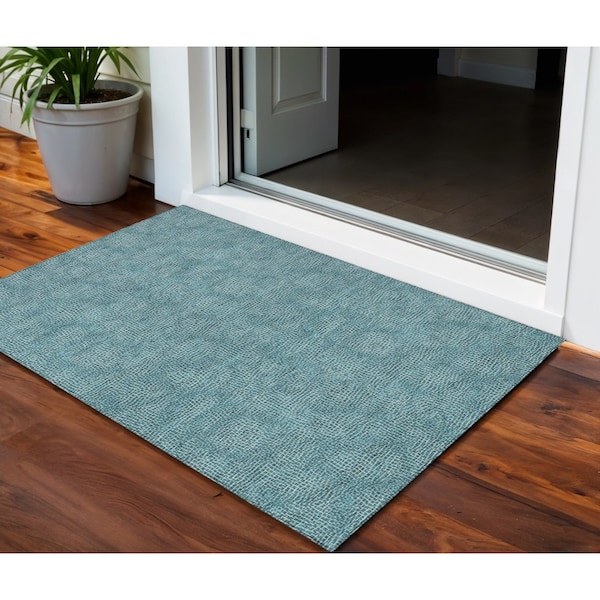 Homeroots 3' X 5' Teal Blue And Ivory Geometric Washable Indoor Outdoor Area Rug 602395 - main