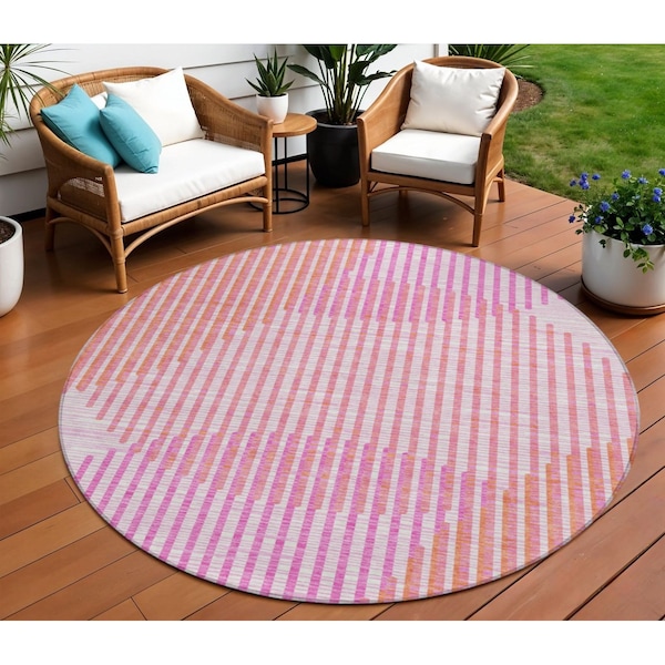 Homeroots 8' Pink Copper And Ivory Round Geometric Washable Indoor Outdoor Area Rug 597651 - main