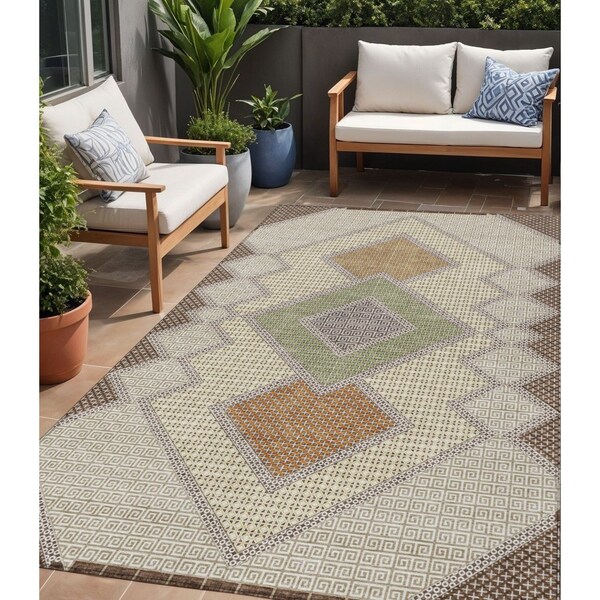 Homeroots 5' X 8' Brown Copper And Fern Green Geometric Washable Indoor Outdoor Area Rug 631898 - main
