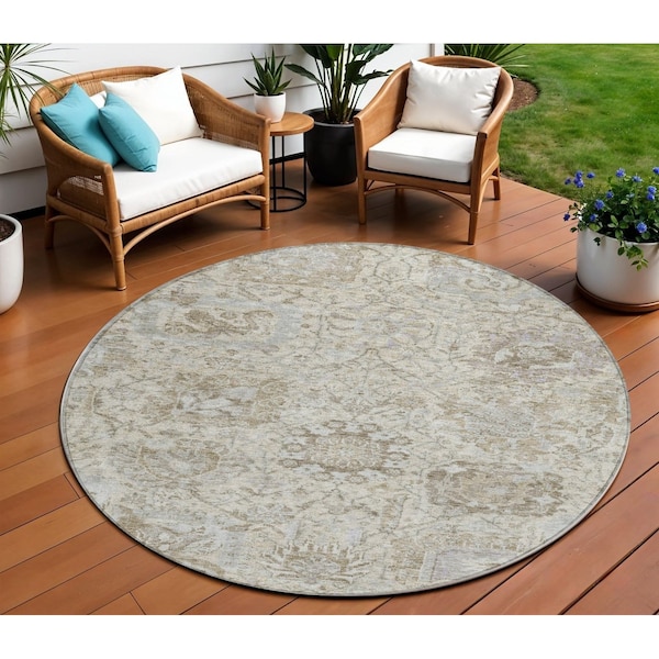 Homeroots 8' Ivory Brown And Gray Round Damask Washable Indoor Outdoor Area Rug 603763 - main
