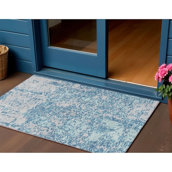 Homeroots 3' X 5' Teal Blue And Ivory Abstract Washable Indoor Outdoor Area Rug 612767 - main