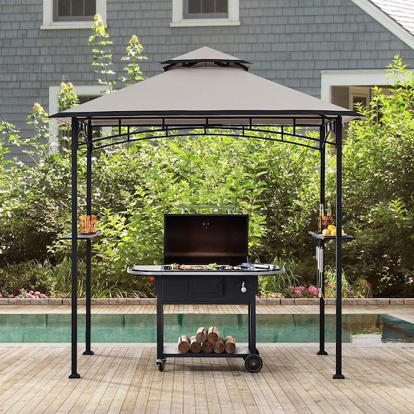 Sunjoy 8 ft. x 5 ft. Black Steel 2-tier Grill Gazebo with Gray and Black Canopy A103002201 - main