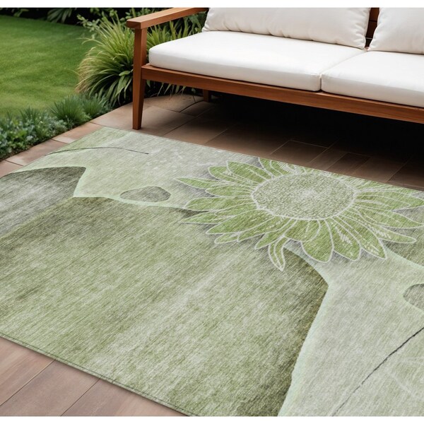 Homeroots 9' X 12' Artichoke Green And Gray Floral Washable Indoor Outdoor Area Rug 582234 - main