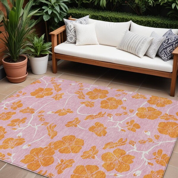 Homeroots 8' X 10' Pink And Copper Floral Washable Indoor Outdoor Area Rug 600039 - main