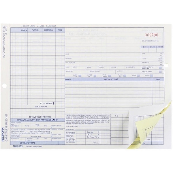 Rediform 3part Auto Repair Order Forms, Multi, 50PK RED4P487 - main