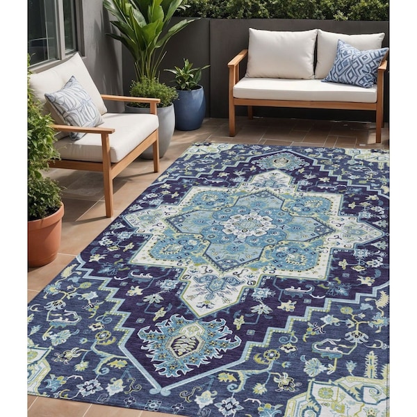 Homeroots 5' X 8' Navy Blue Ivory And Black Oriental Washable Indoor Outdoor Area Rug 600169 - main