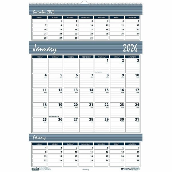 House Of Doolittle 12 x 17" Wall Calendar Bar Harbor Wirebound Three-Months-Per-Page, Blue/Gray HOD342 - main