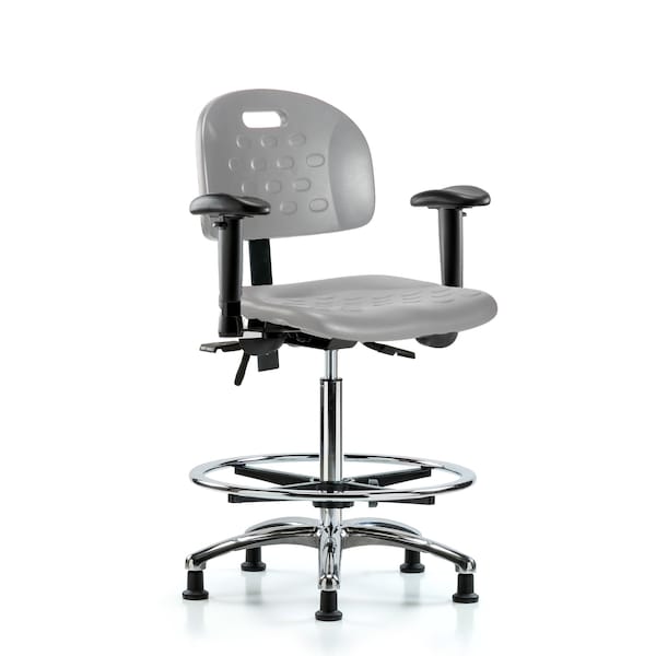 Blue Ridge Ergonomics Poly Chair Chrome-High Bench Height with Adj Arms, Chrome Foot Ring, & Stationary Glides in Gray Poly HPHBCH-CR-T0-A1-CF-RG-GRY - main