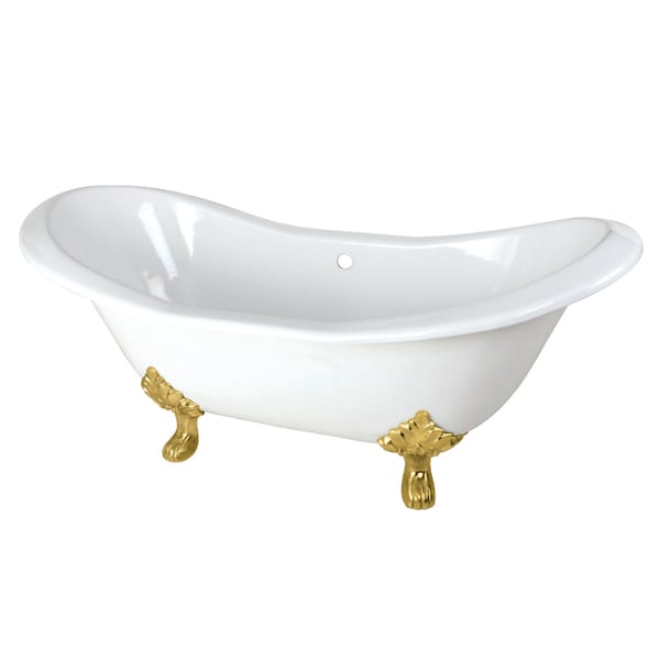 Kingston Brass 72" Cast Iron Oval Double Slipper Clawfoot Tub, No Faucet Drillings, White/Brushed Brass VCTND7231NC7 - main