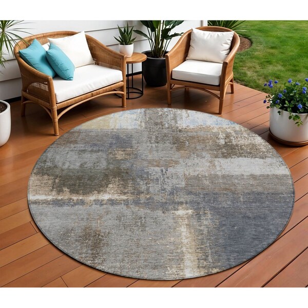 Homeroots 8' Khaki And Brown Round Abstract Washable Indoor Outdoor Area Rug 609294 - main