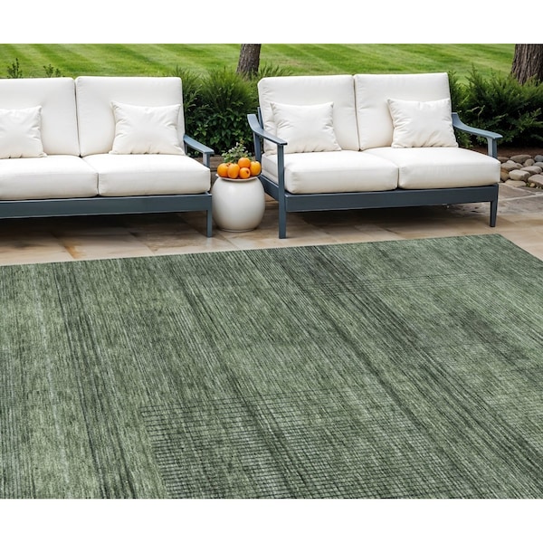 Homeroots 10' X 14' Olive Green And Gray Striped Washable Indoor Outdoor Area Rug 588111 - main