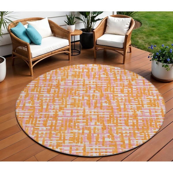 Homeroots 8' Orange Pink And Beige Round Abstract Washable Indoor Outdoor Area Rug 602583 - main