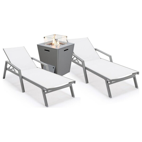 Leisuremod Marlin Grey Aluminum Patio Chaise Lounge Chair With Arms Set of 2 with Square Fire Pit Table, White MLAGRCF21-77W2 - main