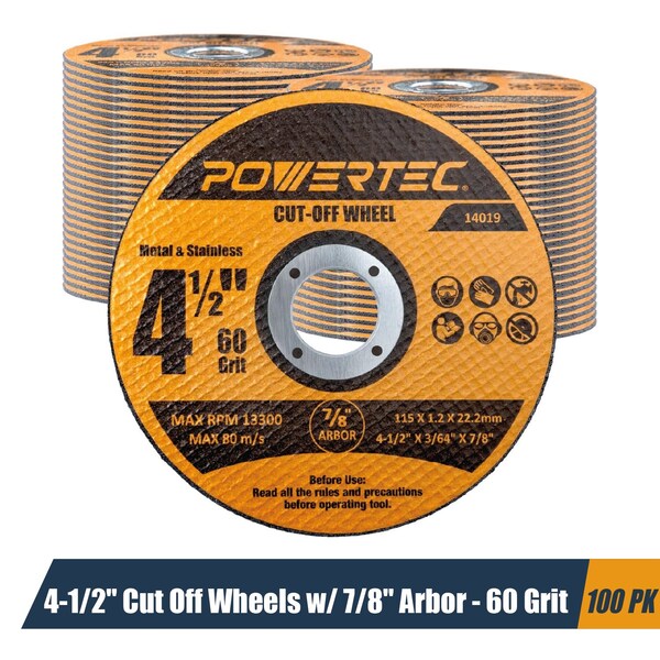 Powertec 4-1/2" Metal Cut Off Wheels, Iridium-Coated Aluminum Oxide 60 Grit, 1/16" Thick, 7/8" Arbor, 100PK 14019-P4 - main