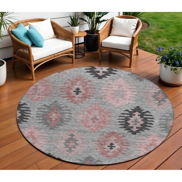 Homeroots 8' Gray Mauve And Charcoal Round Southwestern Washable Indoor Outdoor Area Rug 615136 - main