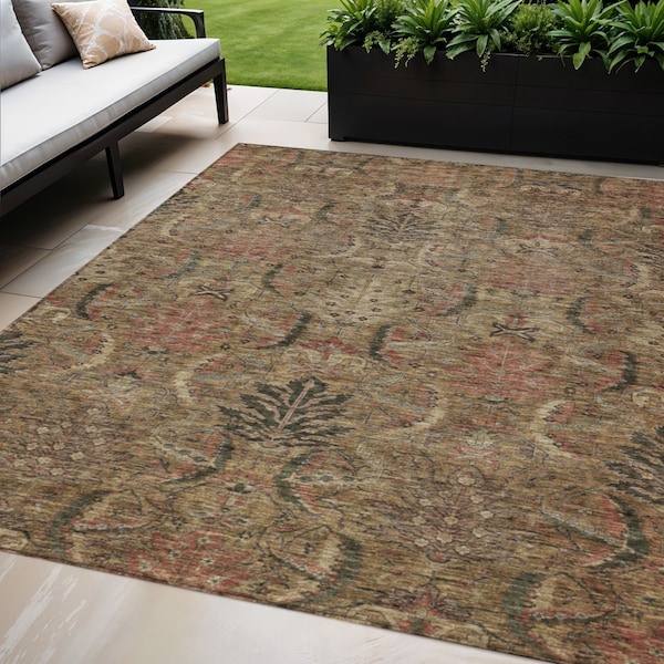Homeroots 5' X 8' Brown Charcoal And Brick Red Damask Washable Indoor Outdoor Area Rug 603306 - main