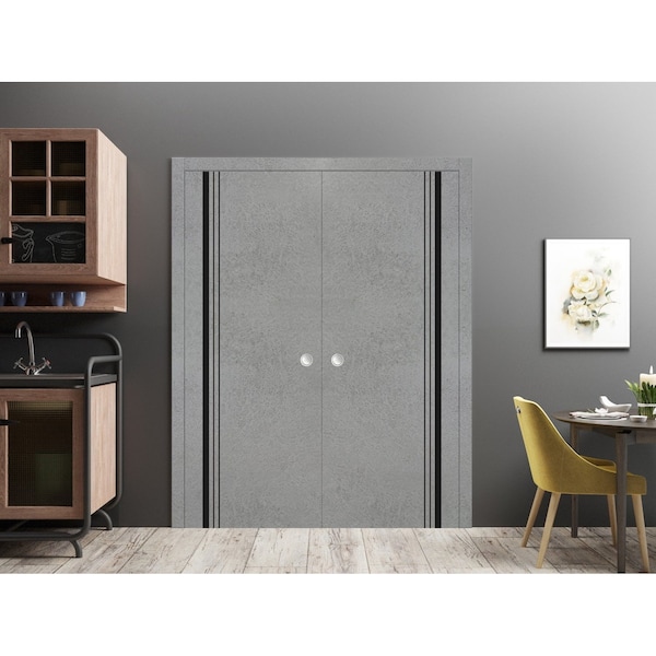 Sartodoors Modern Double Pocket Doors, Planum 0011 Concrete and Aluminum Strips, Kit Trims Rail Hardware, Soli PLANUM0011DP-BTN-3684 - main