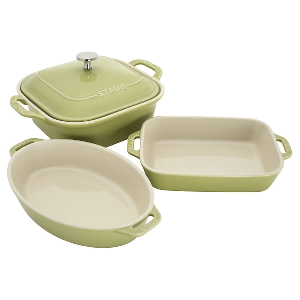 Staub Ceramic 4-pc Baking Pans Set, Casserole Dish with Lid, Brownie Pan, Light Green 1031194 - main