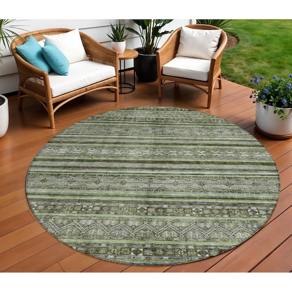 Homeroots 8' Olive Green Gray And Fern Green Round Southwestern Washable Indoor Outdoor Area Rug 615970 - main