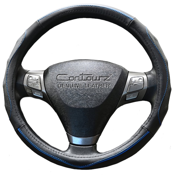 Dash Designs Comfort Grips Contourz Pro Grip Leather 13.5in - 14.5in Steering Wheel Cover - Black / Blue 3401BL - main