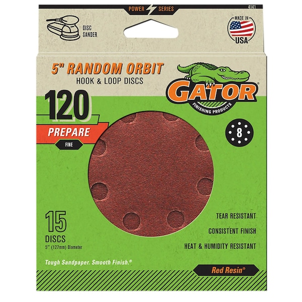 Gator Finishing Red Resin 5 in. Random Orbit Hook and Loop Sanding Discs, 120 Grit, Fine, 15PK 4141 - main