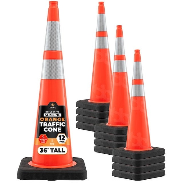 Xpose Safety 36 in Slim Line Orange Traffic Cone, Heavy Duty 12 lb Base, 6 in & 4 in Collar, DOT Approved, 12 PK OTC36SL-64-12L-12-X - main